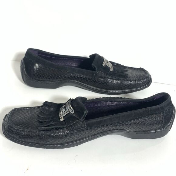 Donald J. Pliner Black Snake Textured Leather Buckle Loafers Danie Size 8 Womens - Picture 9 of 12